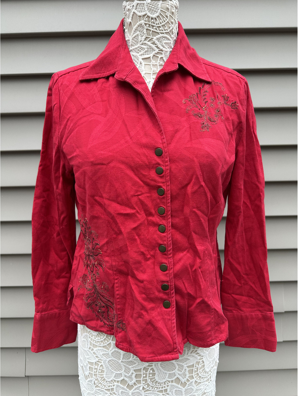 Christopher & Banks Red Embroidered Stretch Button Up Blouse